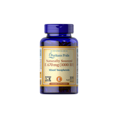 Puritan's Pride Naturally Sourced Vitamin E-1000 IU Mixed Tocopherols provides antioxidant support in a blue bottle with 100 rapid release softgels.